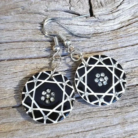 Vintage Y2K White Black Lucite Austrian Abstract Atomic Science Circles Earrings - Picture 1 of 8